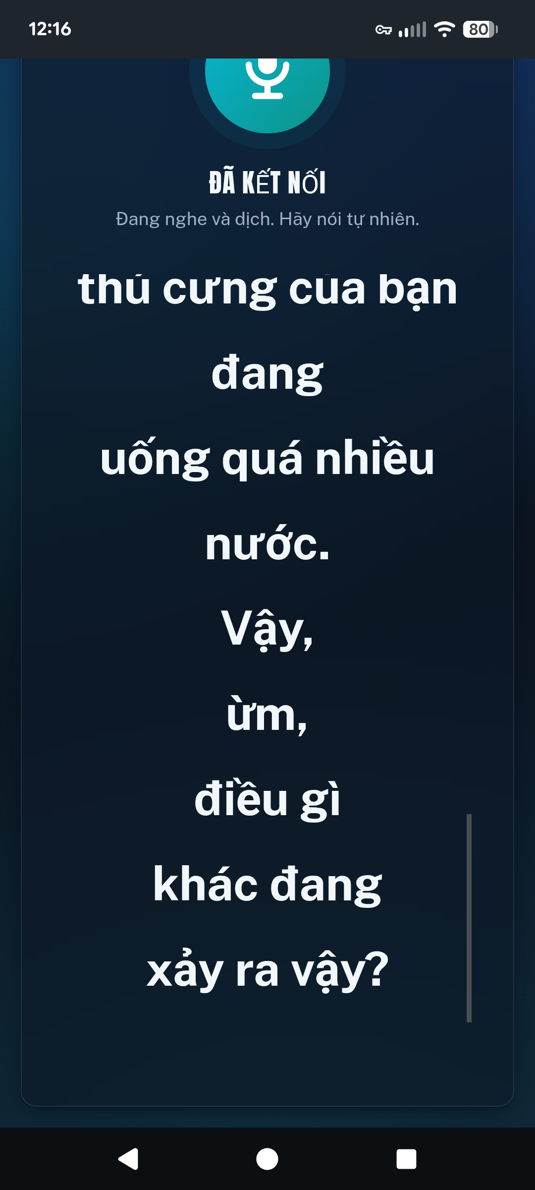 Phone screen during a live translation session showing a question to the client translated into Vietnamese in large text.