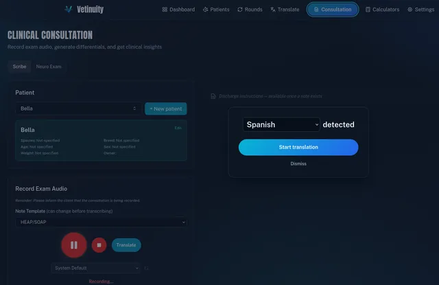 Clinical consultation page with a demo patient selected and exam audio recording, with a Spanish detected card offering to start translation.