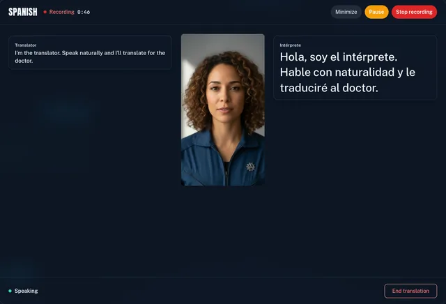 Live translation session opening: the interpreter's introduction in English on the left and in Spanish on the right.