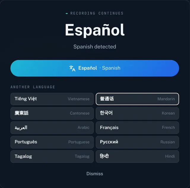 Spanish detected card shown while the recording continues.